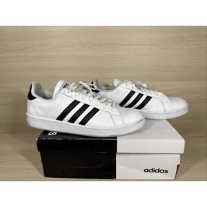 Adidas Men's Grand Court Tennis Shoe White And Black Stripe Low Top